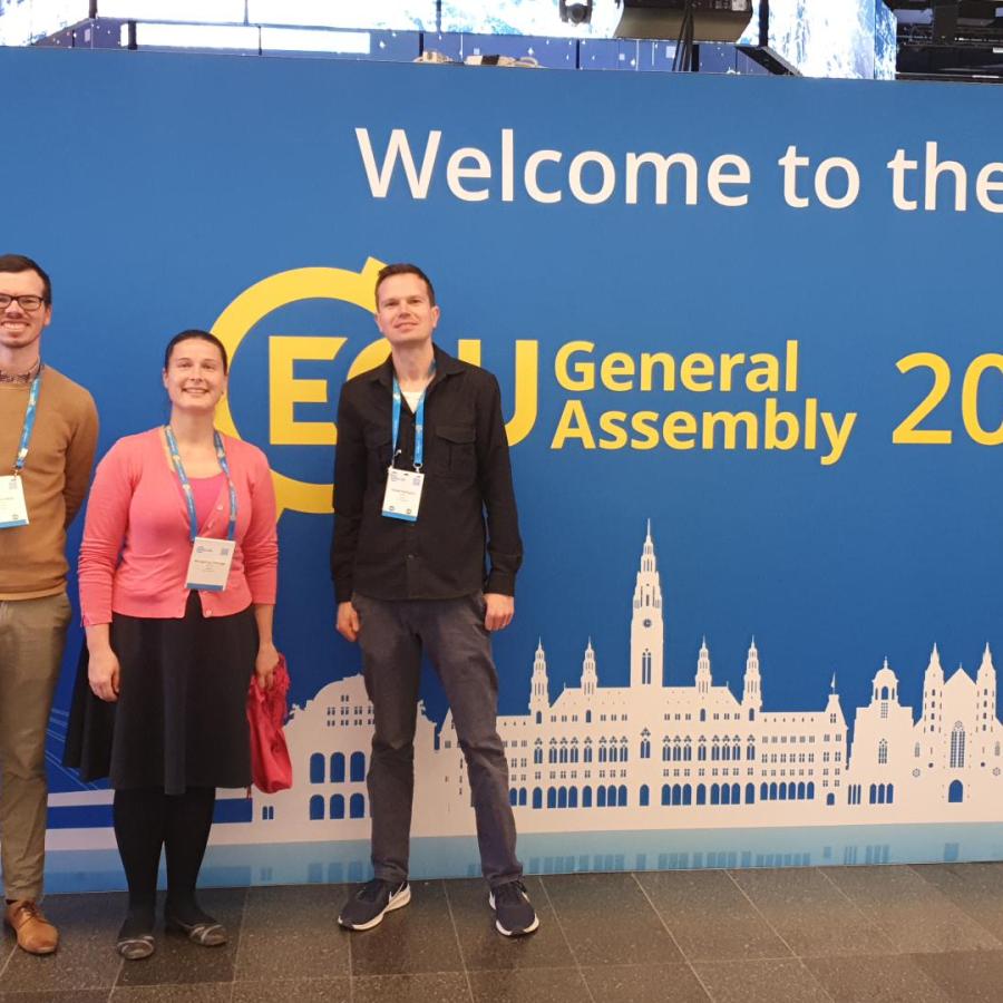 (Left to right) Pete Weston, Margarita Choulga and David Fairbairn at EGU 2024