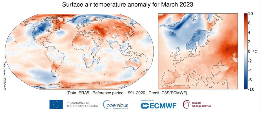 Surface air temperature anomaly for March 2023